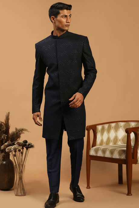 Buy Men's Navy Blue Silk Blend Self Woven Design Sherwani Set Online