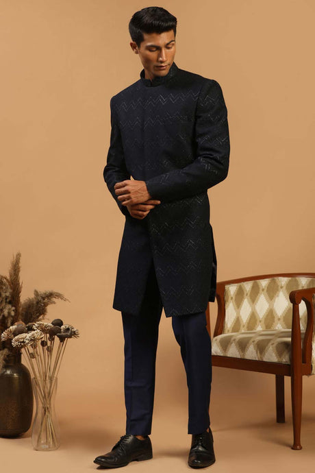 Buy Men's Navy Blue Silk Blend Self Woven Design Sherwani Set Online - Back