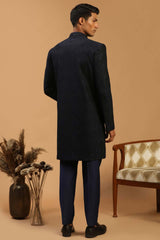 Buy Men's Navy Blue Silk Blend Self Woven Design Sherwani Set Online - Front