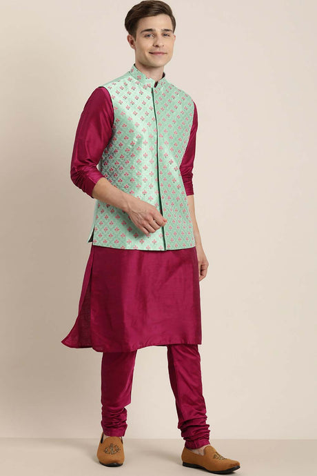 Buy Men's Mint Green And Pink Poly viscose Thread Work Embroidered Kurta Pajama Jacket Set Online