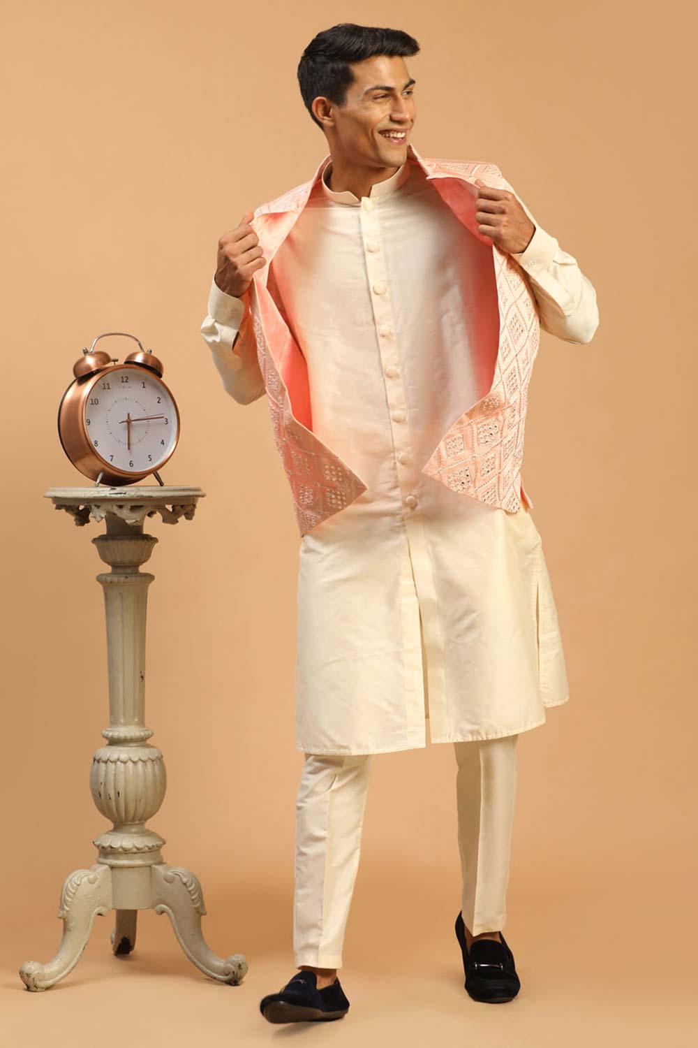 Buy Men's Onion Pink And Cream Viscose Mirror Work Embroidered Kurta Pajama Jacket Set Online