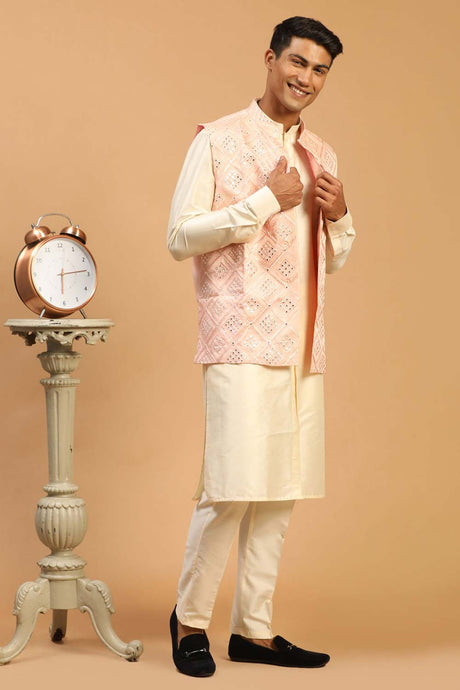 Buy Men's Onion Pink And Cream Viscose Mirror Work Embroidered Kurta Pajama Jacket Set Online - Back
