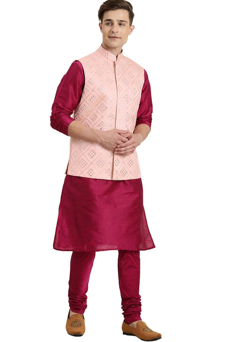 Buy Men's Pink Poly Viscose Mirror Work Embroidered Kurta Pajama Jacket Set Online - Zoom Out