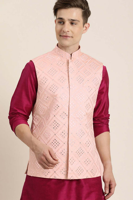 Buy Men's Pink Poly Viscose Mirror Work Embroidered Kurta Pajama Jacket Set Online
