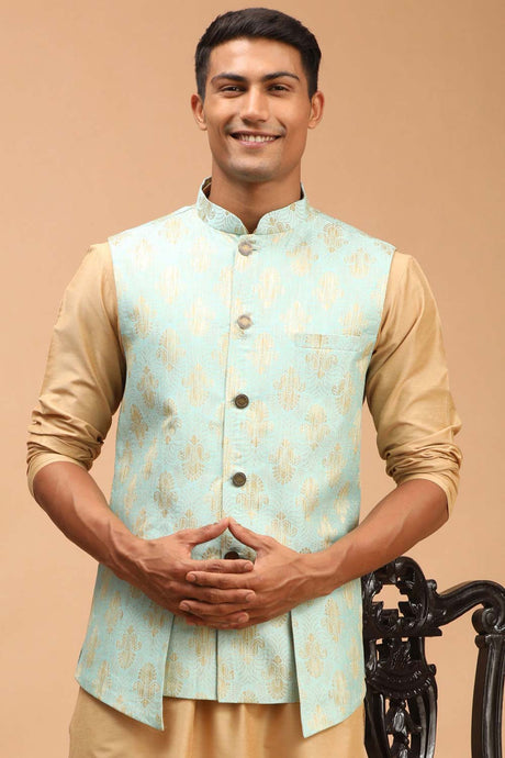 Buy Men's Green Silk Blend Self Woven design Nehru Jacket Online