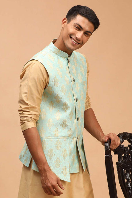 Buy Men's Green Silk Blend Self Woven design Nehru Jacket Online - Back