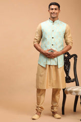 Buy Men's Green And Rose Gold Viscose Self Woven Design Kurta Pajama Jacket Set Online