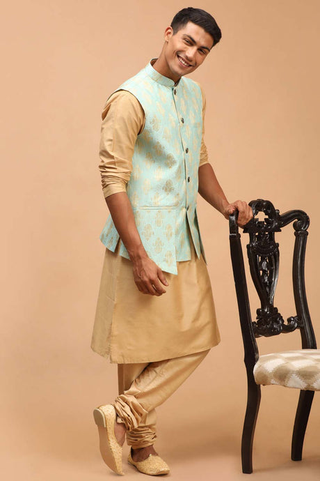 Buy Men's Green And Rose Gold Viscose Self Woven Design Kurta Pajama Jacket Set Online - Back