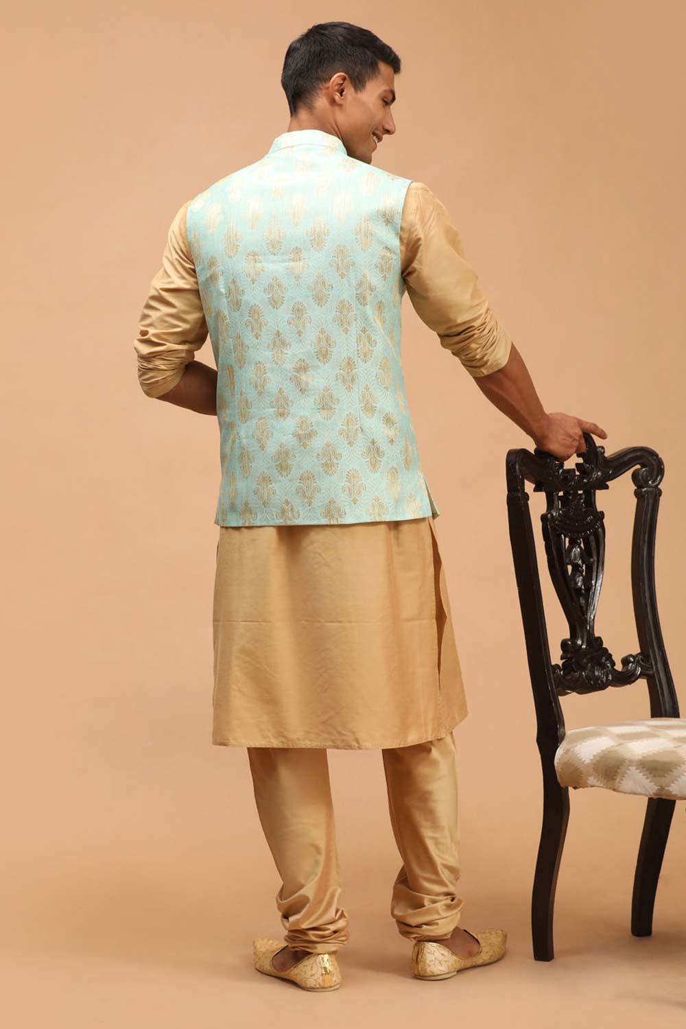Buy Men's Green And Rose Gold Viscose Self Woven Design Kurta Pajama Jacket Set Online - Front