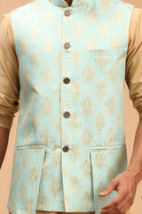 Buy Men's Green And Rose Gold Viscose Self Woven Design Kurta Pajama Jacket Set Online - Side