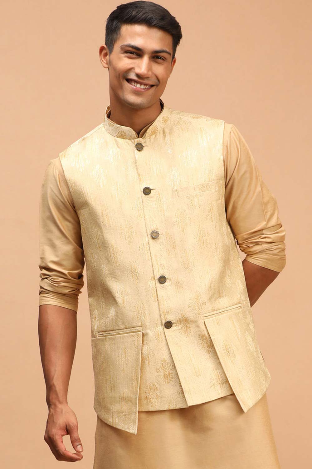 Buy Men's Gold Silk Blend Self Woven design Nehru Jacket Online