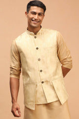Buy Men's Gold Silk Blend Self Woven design Nehru Jacket Online