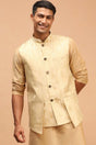 Buy Men's Gold Silk Blend Self Woven design Nehru Jacket Online