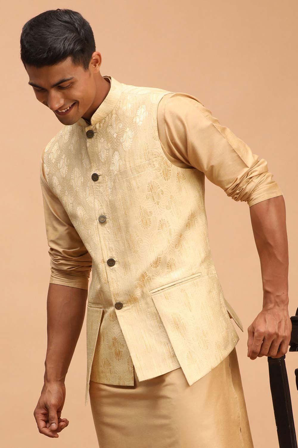 Buy Men's Gold Silk Blend Self Woven design Nehru Jacket Online - Back