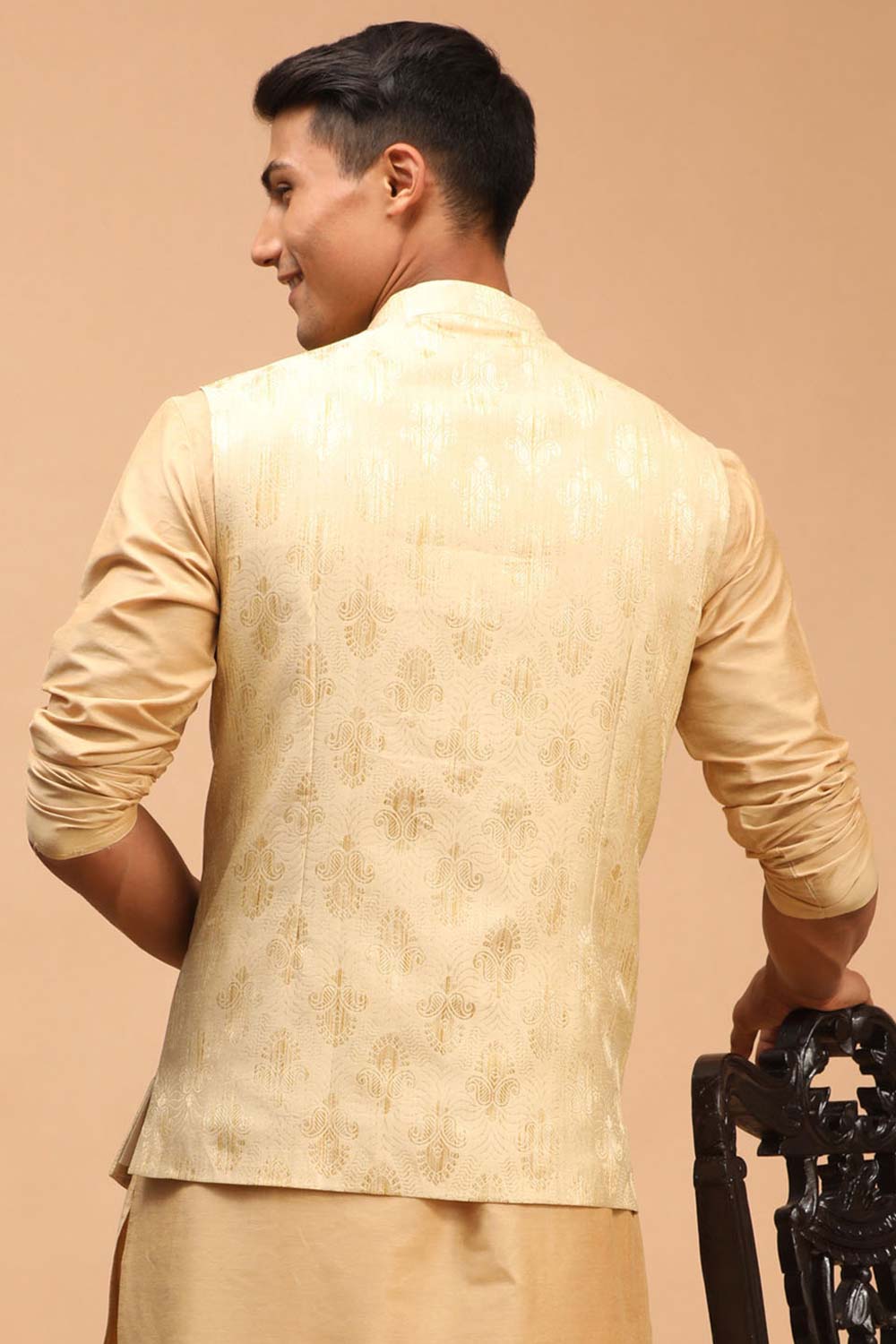 Buy Men's Gold Silk Blend Self Woven design Nehru Jacket Online - Front