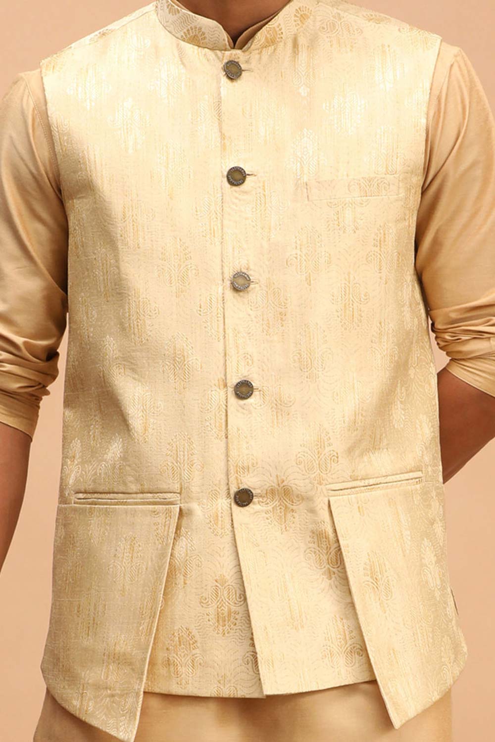 Buy Men's Gold Silk Blend Self Woven design Nehru Jacket Online - Side