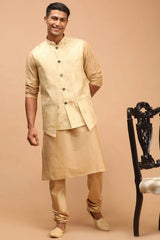 Buy Men's Gold And Rose Gold Viscose Self Woven Design Kurta Pajama Jacket Set Online