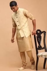 Buy Men's Gold And Rose Gold Viscose Self Woven Design Kurta Pajama Jacket Set Online - Back