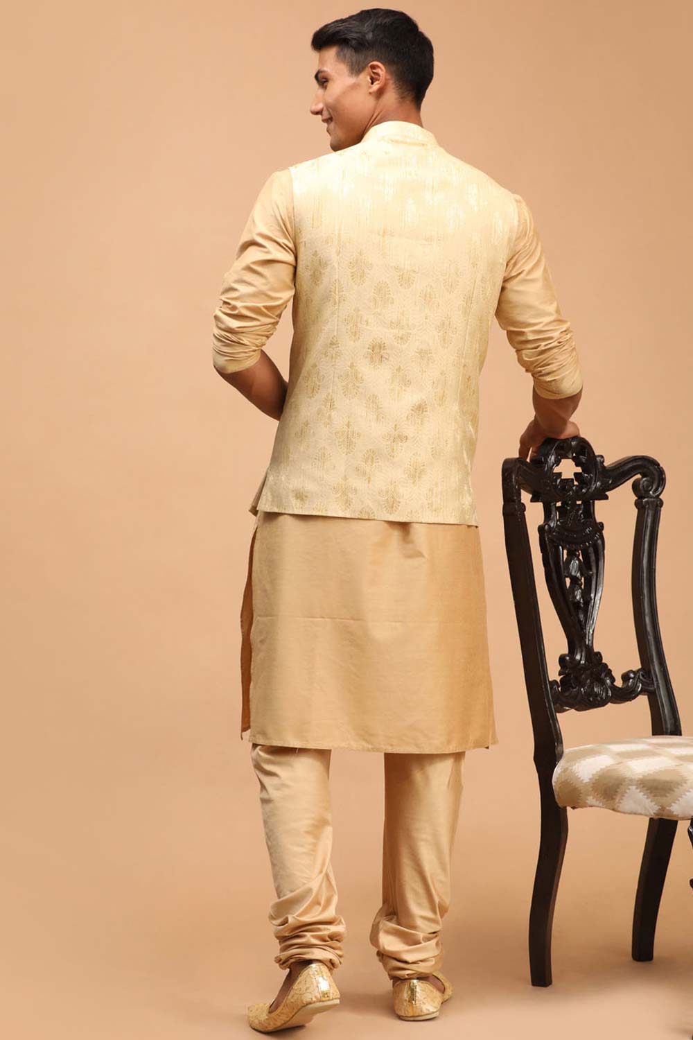 Buy Men's Gold And Rose Gold Viscose Self Woven Design Kurta Pajama Jacket Set Online - Front