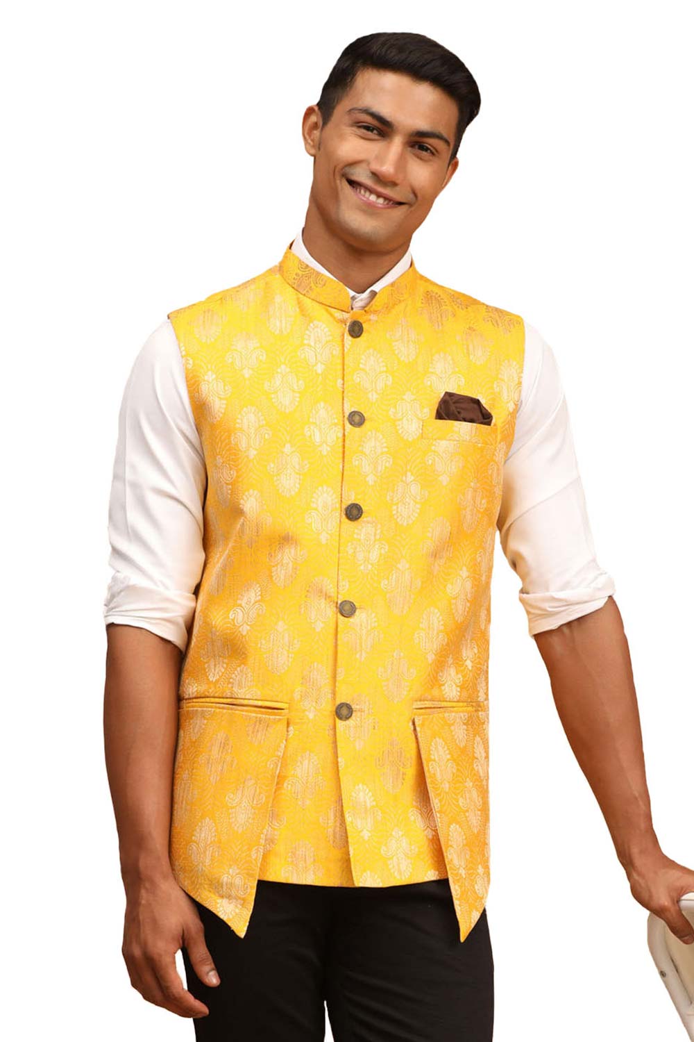 Buy Men's Yellow Silk Blend Self Woven design Nehru Jacket Online - Zoom Out