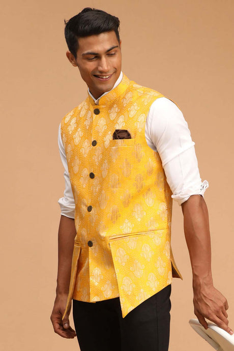 Buy Men's Yellow Silk Blend Self Woven design Nehru Jacket Online - Back