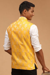 Buy Men's Yellow Silk Blend Self Woven design Nehru Jacket Online - Front