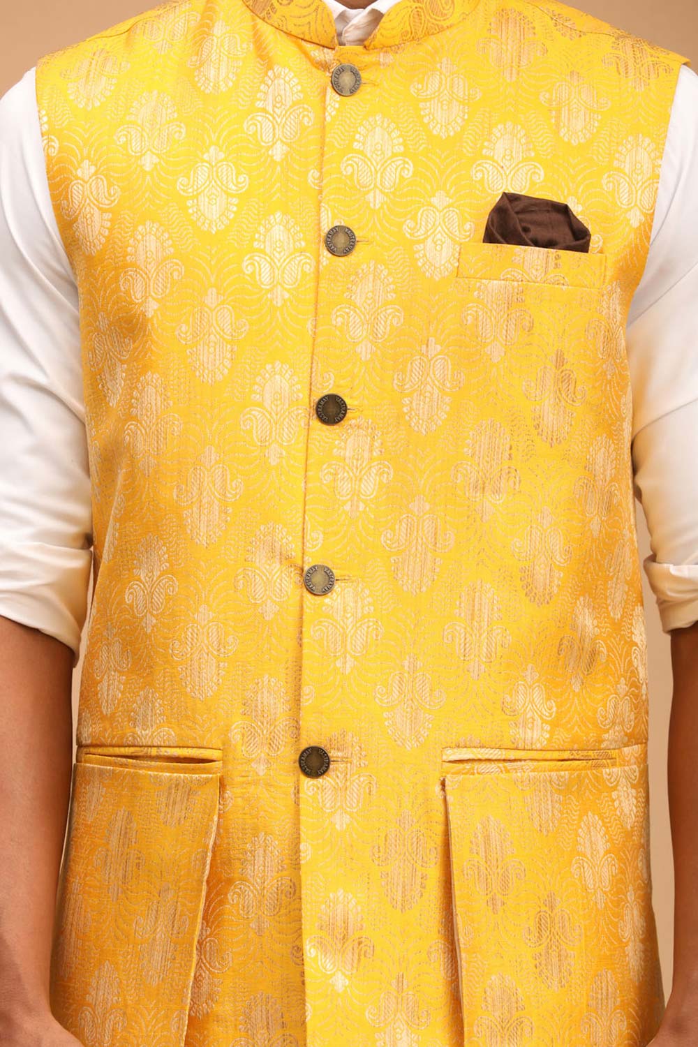 Buy Men's Yellow Silk Blend Self Woven design Nehru Jacket Online - Side