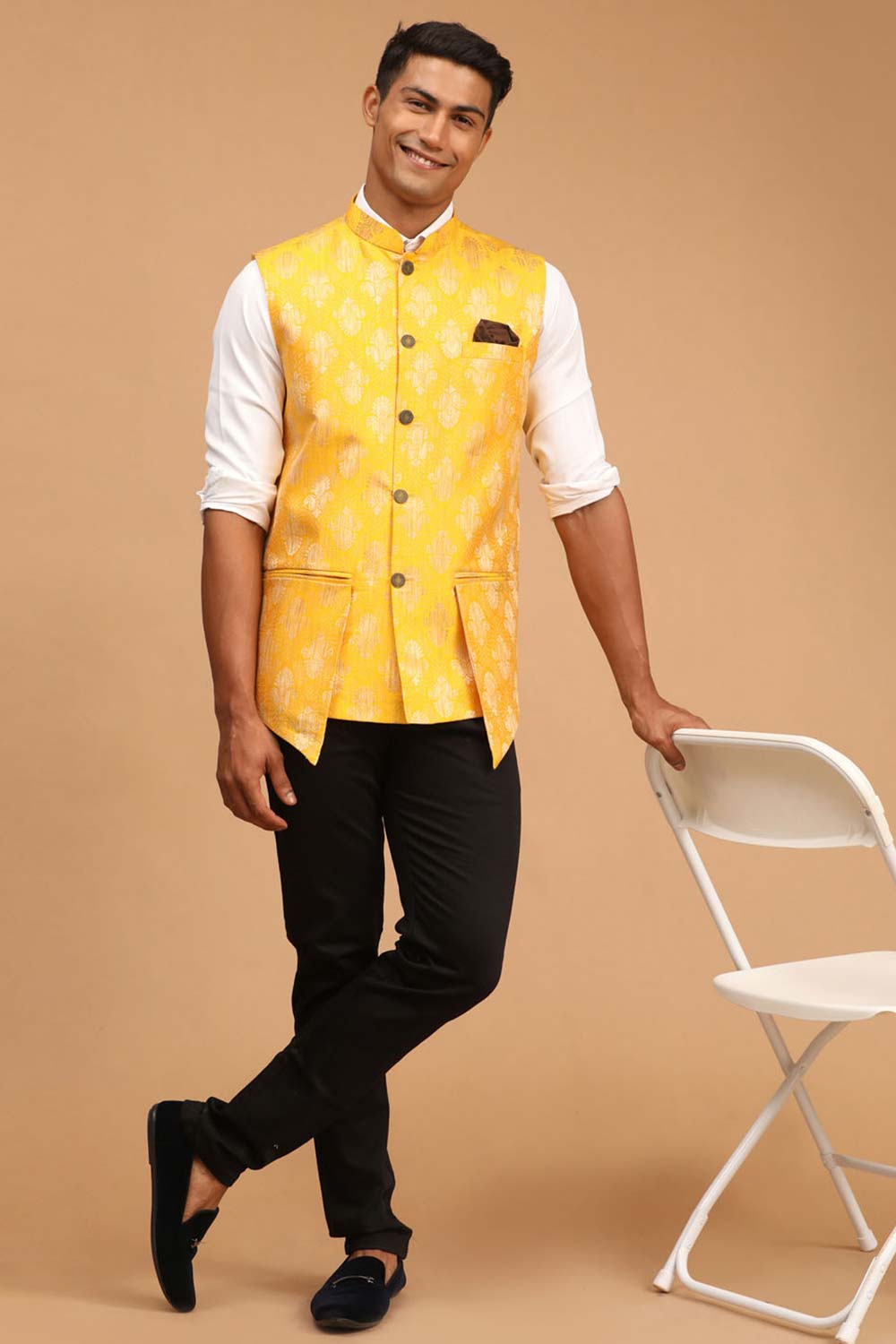 Buy Men's Yellow Silk Blend Self Woven design Nehru Jacket Online - Zoom In