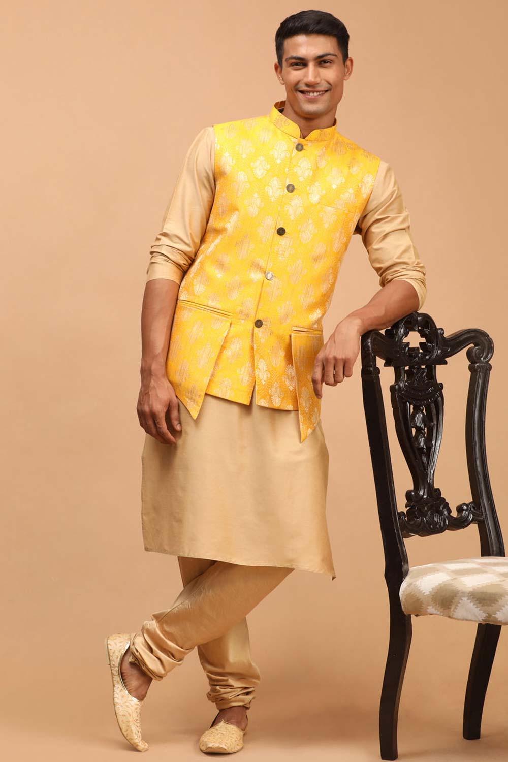 Buy Men's Yellow And Rose Gold Viscose Self Woven Design Kurta Pajama Jacket Set Online