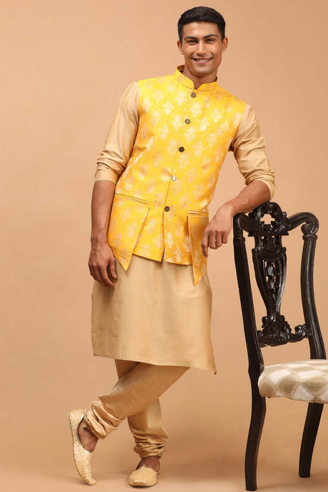 Buy Men's Yellow And Rose Gold Viscose Self Woven Design Kurta Pajama Jacket Set Online