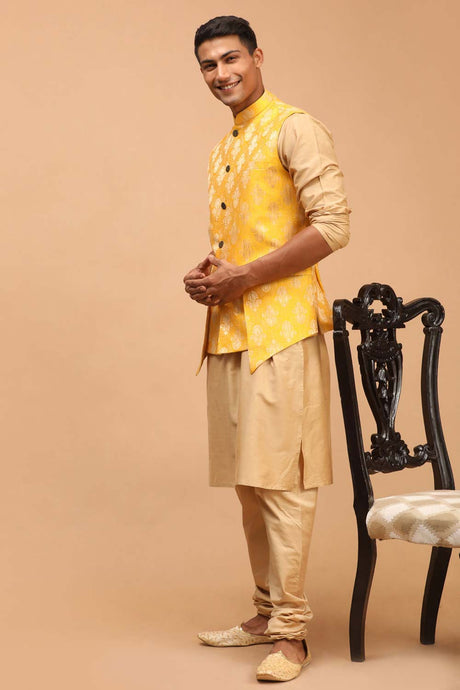 Buy Men's Yellow And Rose Gold Viscose Self Woven Design Kurta Pajama Jacket Set Online - Back