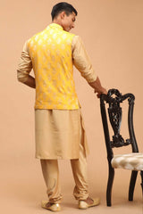 Buy Men's Yellow And Rose Gold Viscose Self Woven Design Kurta Pajama Jacket Set Online - Front