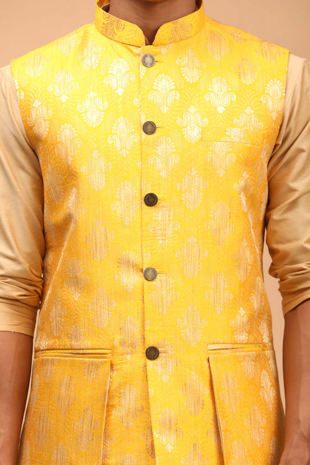 Buy Men's Yellow And Rose Gold Viscose Self Woven Design Kurta Pajama Jacket Set Online - Side