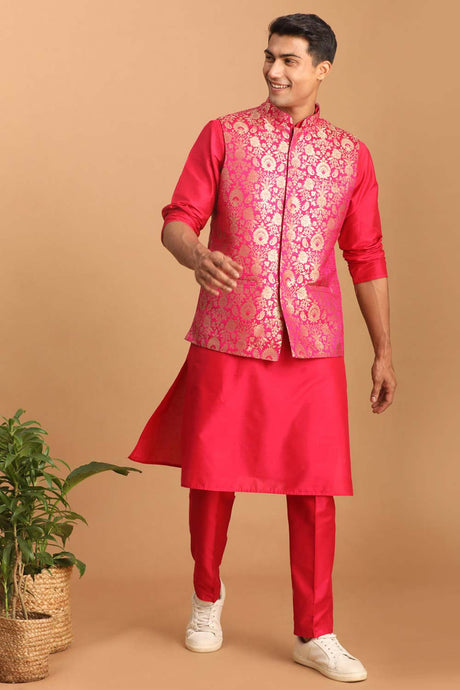 Men's Pink Viscose Jacket, Kurta and Pyjama Set