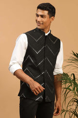 Buy Men's Black Mirror Work Nehru Jacket Online - Back