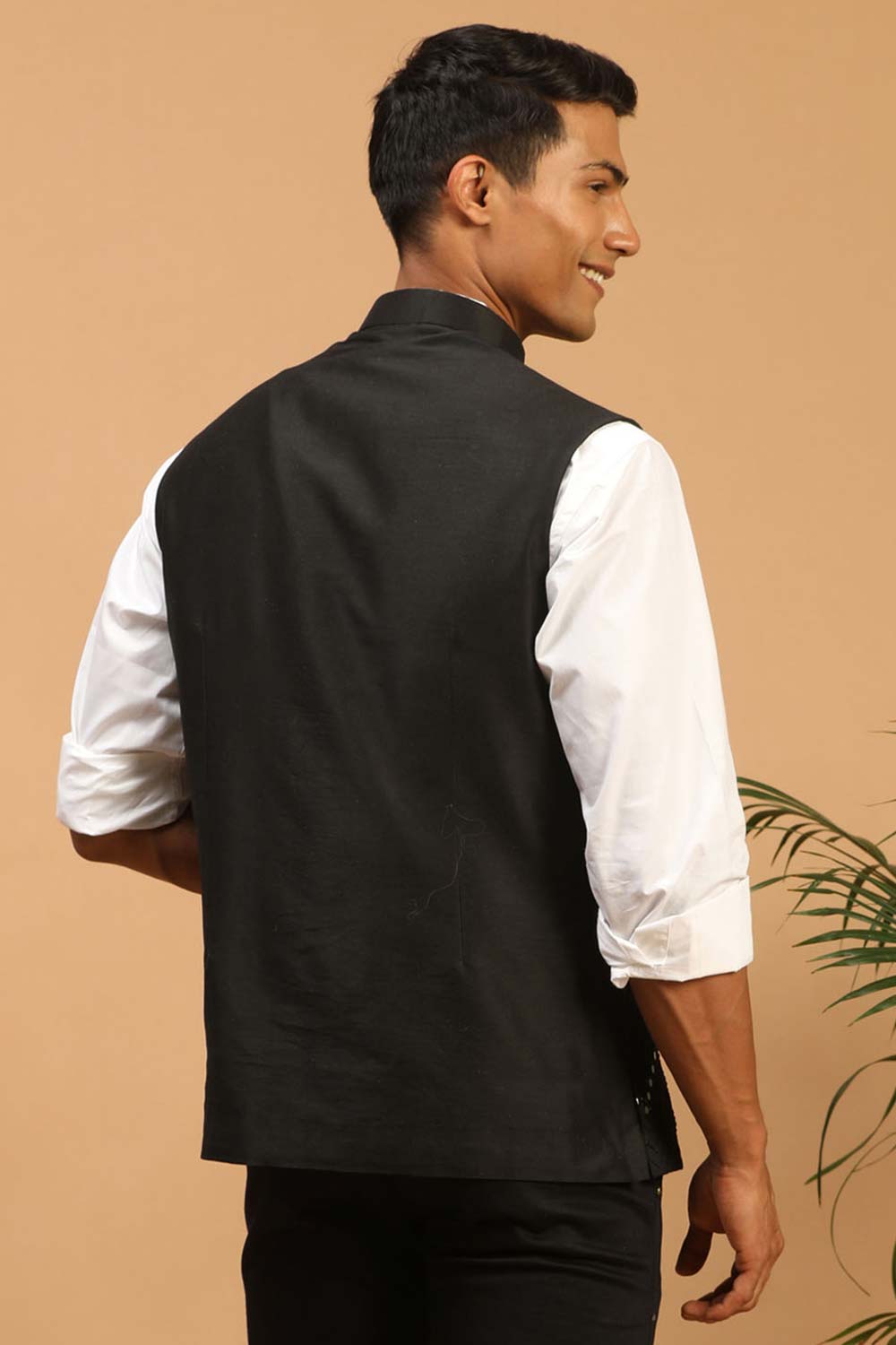 Buy Men's Black Mirror Work Nehru Jacket Online - Front