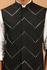 Buy Men's Black Mirror Work Nehru Jacket Online - Side