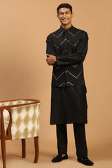 Buy Men's Black Viscose Mirror Work Embroidered Kurta Pajama Jacket Set Online