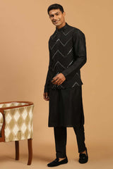 Buy Men's Black Viscose Mirror Work Embroidered Kurta Pajama Jacket Set Online - Back