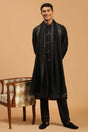 Buy Men's Black Viscose Mirror Work Embroidered Kurta Pajama Jacket Set With Dupatta Online