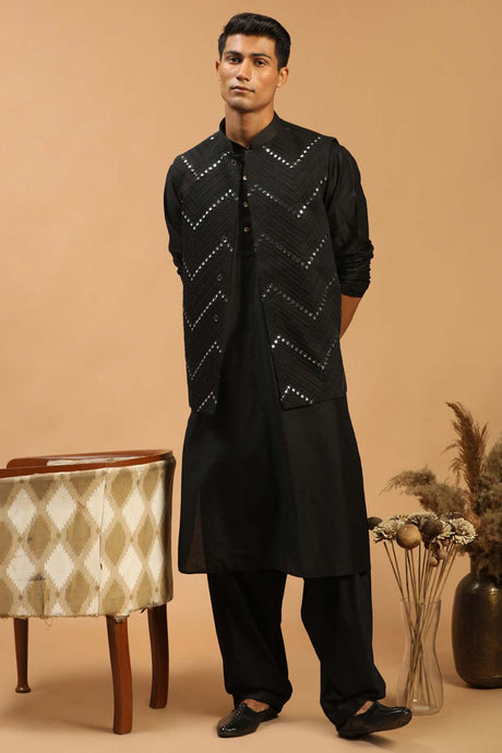 Buy Men's Black Viscose Mirror Work Embroidered Kurta Pajama Jacket Set Online