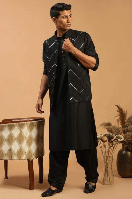 Buy Men's Black Viscose Mirror Work Embroidered Kurta Pajama Jacket Set Online - Back