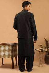 Buy Men's Black Viscose Mirror Work Embroidered Kurta Pajama Jacket Set Online - Front