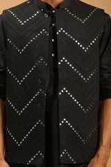 Buy Men's Black Viscose Mirror Work Embroidered Kurta Pajama Jacket Set Online - Side