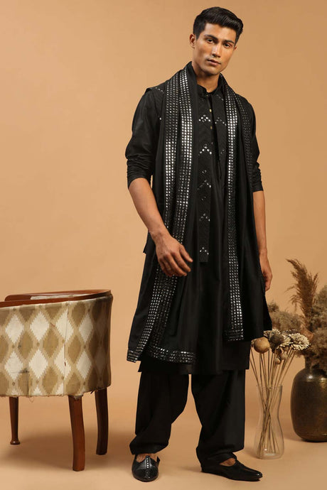 Buy Men's Black Viscose Mirror Work Embroidered Kurta Pajama Jacket Set With Dupatta Online