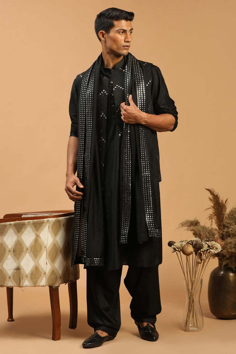 Buy Men's Black Viscose Mirror Work Embroidered Kurta Pajama Jacket Set With Dupatta Online - Back