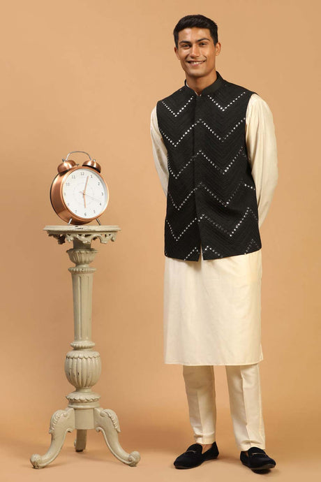 Buy Men's Black And Cream Viscose Mirror Work Embroidered Kurta Pajama Jacket Set Online