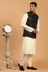 Buy Men's Black And Cream Viscose Mirror Work Embroidered Kurta Pajama Jacket Set Online - Back