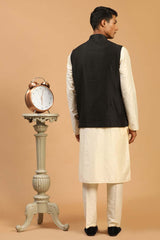 Buy Men's Black And Cream Viscose Mirror Work Embroidered Kurta Pajama Jacket Set Online - Front