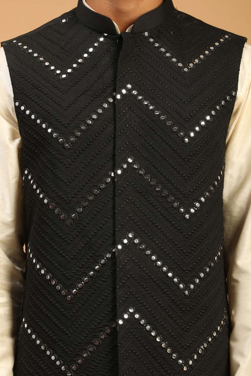 Buy Men's Black And Cream Viscose Mirror Work Embroidered Kurta Pajama Jacket Set Online - Side